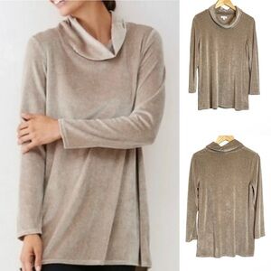 Purejill Cowl Neck Sweater Jute Heather Velour Top Size Small Petite EUC